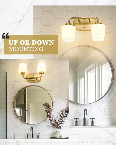 Image of Brushed Gold Bathroom Vanity Light, Farmhouse Brass Sconces Wall Lighting with Milk White Glass, Champagne Bronze Light Fixture Over Mirror, AD-22004-2W-GD