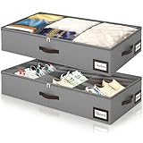 OIAHOMY 2 Pack 53L Under Bed Storage with Adjustable Dividers, 6' Low Profile Underbed Storage Bins for Comforters & Clothes, Save Closet Space with Clear View Lid & Reinforced Handles, Grey