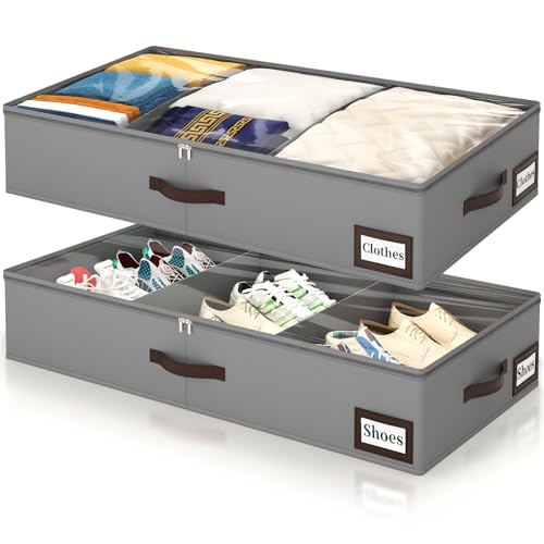 OIAHOMY 2 Pack 53L Under Bed Storage with Adjustable Dividers, 6" Low Profile Underbed Storage Bins for Comforters & Clothes, Save Closet Space with Clear View Lid & Reinforced Handles, Grey