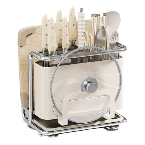 JUSHZ Range Couvercle Rangement Couvercle Casserole Porte Assiette Support Planche A Decouper Vertical Support À Couteaux Panier À Couverts Avec Bac D'égouttage Grande Capacité (White 1,28x25x27.5cm)