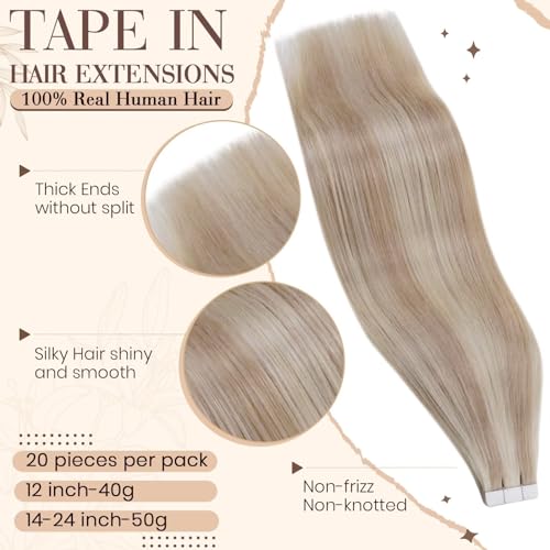 Hetto Tape in Hair Extensions Human Hair Ash Blonde with Bleach Blonde 16 Inch, Invisible Tape Hair Extensions - Image 2
