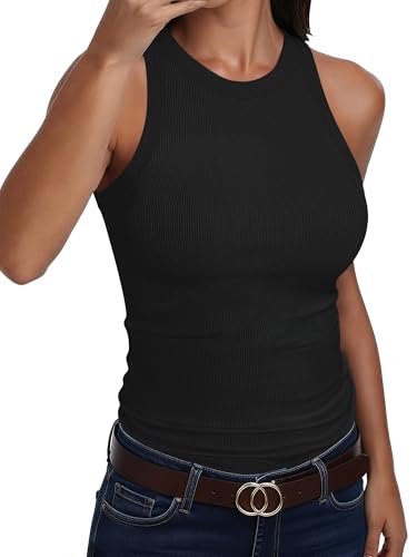ANRABESS Sleeveless Tank Tops for Women High Neck Racerback Ribbed Knit Top Summer 2026 Casual Basic Slim Fit Workout Shirts Black Large