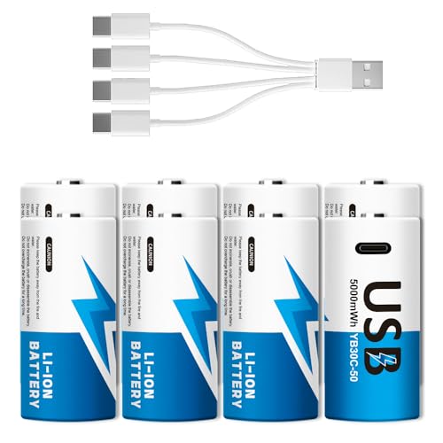 8-Pack Rechargeable Lithium C Batteries with 4 in 1 USB-C Charge Cable, C Cell Li-ion Battries, LR14 1.5V C Size Cell Battery Replacement 5000mWh for Floodlights, Remote Controls, Radios, Toys