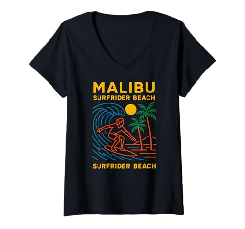 Womens Malibu Surfrider Beach Vintage Mens Surfs Up V-Neck T-Shirt