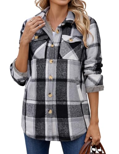 Zeagoo Women's Fleece Sherpa Jacket Casual Long Sleeve Button Down Flannel Shacket Shirt Winter Coat with Pockets