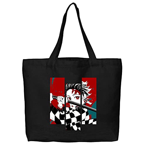 Bestomrogh Demon Slayer Anime Sac fourre-tout réutilisable en toile pour courses, livres, courses (35 x 40 cm) Noir tanjirou Cover