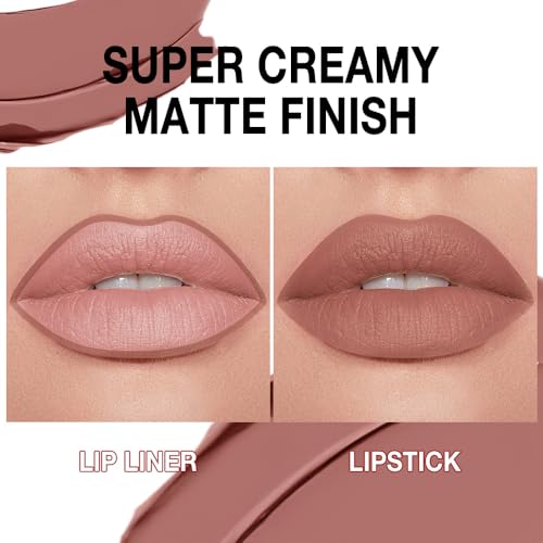 evpct Nude Brown Gradient Matte Lipstick Lip Liner Crayon Combo Pencil Set for Older Women Long Lasting Waterproof, Matte Brown Nude Cream Lip Liner and Lipstick Combo Makeup, Flawless Ombre Effect - Thumbnail 3