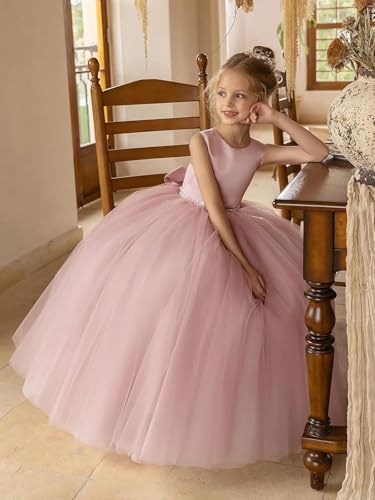 MCieloLuna Flower Girls Satin Tulle Princess Pageant Dress for Wedding Kids Pearls Prom Ball Gowns with Bow-Knot2