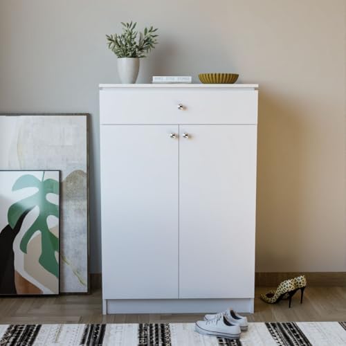 Image of Amazon Brand - Solimo Eva 2 Door Shoe Cabinet | Engineered Wood | Footwear Organizer with 1 Drawer and 4 Shelves | Wooden Shoe Rack for Home & Office | 12 Months Warranty | White