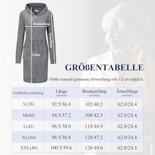 Zinnora Leichter Kurz Bademantel Damen Hausmantel Weiches Frottee Mit Kapuze Und Zipper S Steingrau Ideal für Sauna und Zuhause