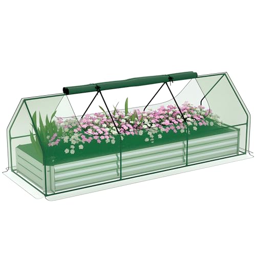 Outsunny 8.6 x 3 x 1ft Raised Garden Bed with Mini Greenhouse, Galvanized Raised Garden Bed with Cover for Herbs and Vegetables, Small Greenhouse for Patio Garden Balcony, Green and Silver