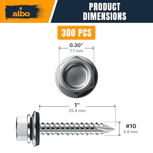 Image of ALBO 300 Pcs #10 x 1 Silver Metal Roofing Screws, EPDM Washers | High-Low Threads Help Prevent Loosening, Leak-Resistant Seal, Sharp Point Helps Skip Pilot Holes, Hex Bit Included