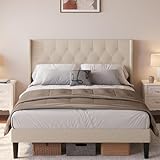 Aiho Full Size Bed Frame with Button Tufted Wingback Headboard, Upholstered Platform Bed Frame, Wood Slat Support, No Box Spring Needed/Noise-Free/Easy to Assemble, Beige