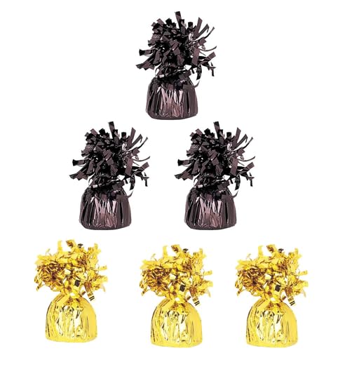 Pack of 6, 12 & 24 Heavy Balloon Weights (5cm x 13cm / Helium Latex Balloon Weight Fountain Table Floor Tassle Cone Birthday Party Accessory with Ribbon Roll (Black & Gold, 6 qty)