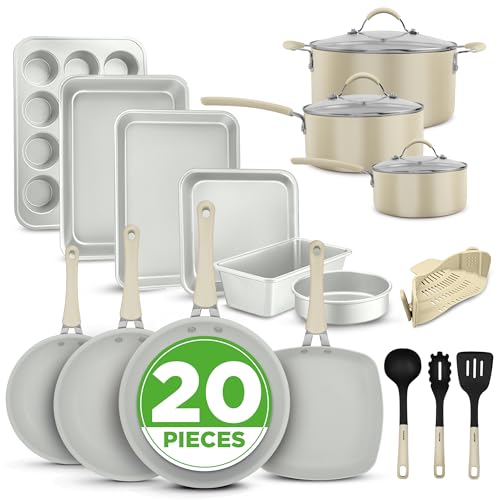 NutriChef 20-Piece Non-Stick Bakeware and Cookware Set - Utensils Including Pots and Baking Pans Made with Durable Aluminum, Tempered Glass Lids, Heat-Resistant Utensils, Easy-Clean Design (White)