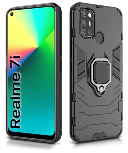 Image of WOW IMAGINE Shock Proof Back Case Mobile Cover for Realme 7i | Back Cover Case (Tough Armor | Hybrid PC + TPU | Ring Holder & in-Built Kickstand | Black)