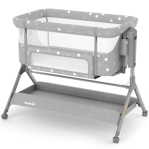 Image of BIUSIKAN 3 in 1 Baby Bassinet, Rocking Bassinet Bedside Sleeper with Comfy Mattress and Breathable Mesh, 6 Height Adjustable & Upgraded Wheels Portable Bedside Crib for Newborn (Light Grey)