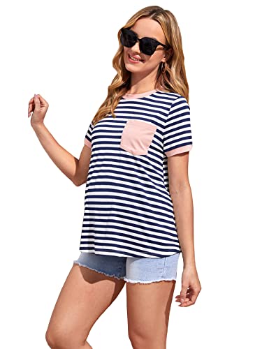 Oyoangle Women's Maternity Top Striped Pocket Front Short Sleeve Round Neck Colorblock Tunic Blouse Shirt Pregnancy Clothes Multicolor L #TOP22