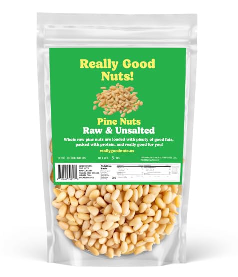 Really Good Nuts! Pine Nuts, 5 lbs (80 oz), Raw, Gluten-Free, Kosher, Raw Nuts, Smooth & Creamy Pine Kernels, Shelled, Unsalted, Unroasted, Oil-Free, Source of Iron, Ideal for Cooking & Baking. Perfect for Pesto!