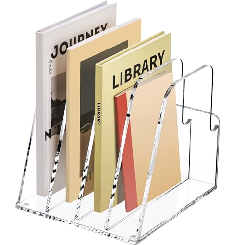 SANRUI Acryl Stehsammler, Moderner Zeitschriftenhalter Buchstütze für Schreibtisch Büro Zuhause Regal, Acryl Organisation und Aufbewahrung für Buch,Zeitschriften, Transparent, 4 Fächer