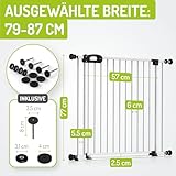 Bomi Treppenschutzgitter Merle Flatstep, Breite 79-87 cm | Türschutzgitter ohne Bohren, stabile Kindersicherung für Kind & Hund, TÜV geprüftes Hundegitter, Türgitter, Treppengitter, Metall Weiß