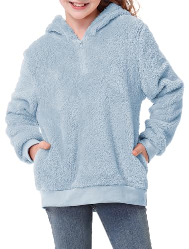 Blue Girls Fuzzy Fleece Hoodies Sweatshirt Pullover Kids Teen Loose Outwear Coat Casual Fashion with Pocket Fall Winter 6-16 Years 12-13 Years