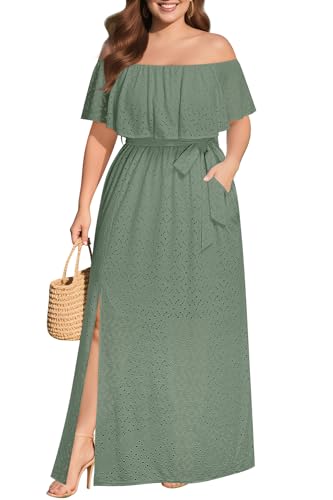 Image of Pinup Fashion Women Plus Size Summer Casual Off Shoulder Eyelet Maxi Dress | Breathable eyelet fabric,elegant ruffle,high waisted,stylish belt,side split,handy pockets,ideal for summer, wedding guest.