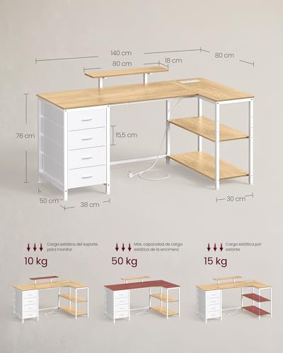 Miniatura 2 de Vasagle Escritorio Esquinero En L Con Enchufes, Escritorio Gaming, Diseño Reversible, Estantes Ajustables, 4 Cajones, 2 Puertos Usb, Estudio, Oficina, 140 X 80 Cm, Roble Natural Lwd172yd01
