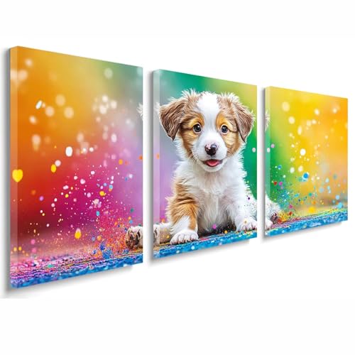 Cuadros Decoracion Salon Modernos, 3 Pcs Marco de Madera Cuadros Perro Posters para Pared Lienzo Pintura Fantasía Wall Art Imagen Decoracion Dormitorios Cocina Baño Pasillo Pared 50x70 cm 1f-677
