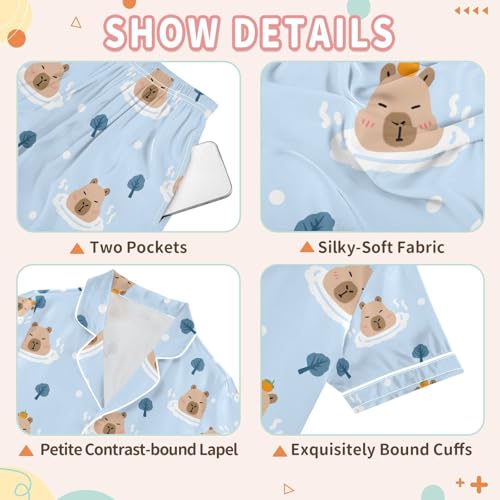 senya Tropical Bathing Cute Capybara Satin Summer Pajama Sets Silk Short Sleeve Button Down Sleepwear3