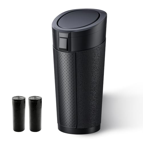 RCPOWERCH Car Trash Can Cup Holder with 2 Garbage Bags, Leakproof Silent Mini Trash Can with Lid for Car, Press & Pop, Small Automotive Garbage Bin for SUV, Truck, Office, Home, Bedroom