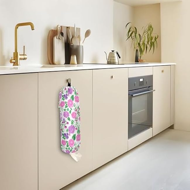 xigua Floral Roses Plastic Bag Holder Wall Mount with Drawstring 1 Pack, Reusable Grocery Bag Organizer Decor for Bags, Socks, Underwear, And Neckties