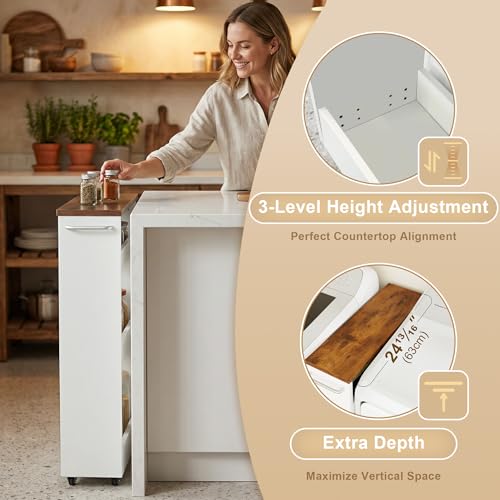 TEAMIX 4 Tier Slim Rolling Storage Cart with Wheels, 24.8D x 7.9W Inches, Height Adjustable, Deeper Utility Cart with Handle Narrow Shelf Organizer for Kitchen Laundry Bathroom Pantry Office (White) by TEAMIX - Image 4