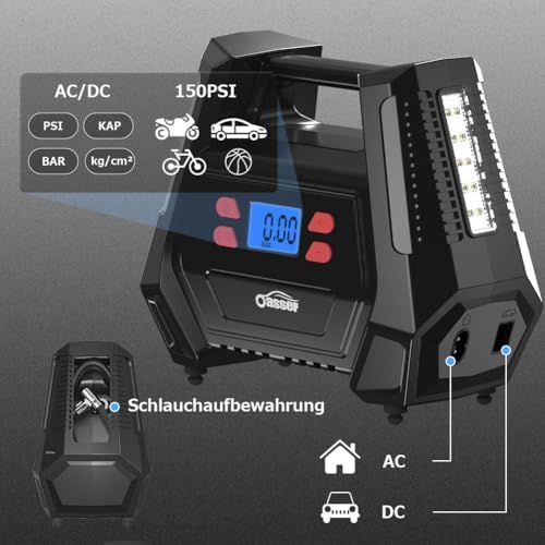 Bild 1 - Oasser Luftkompressor Kompressor 12V 230V Kompressor für Autoreifen AC DC 2in1 Luftpumpe Auto Max. Luftdruck 150 PSI mit 22mm großer Zylinder Motor aus reinem Kupfer