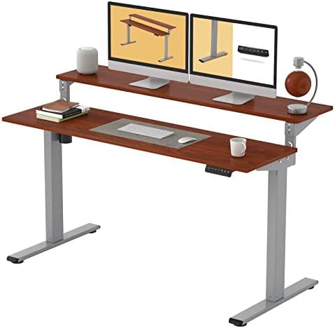 FLEXISPOT EF1 Essential 2 Tier Standing Desk with Adjustable Shelf 55x28 Electric Height Adjustable Sit Stand Computer Desk Ultimate Battle Stations Desk (Silver+ Mahogany)