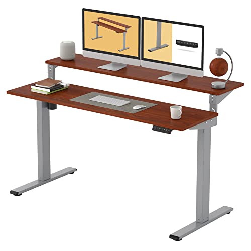 Flexispot Ef1 Essential 2 Tier Standing Desk With Adjustable Shelf 55X28 Electric Height Adjustable Sit Stand Computer Desk Ultimate Battle Stations Desk (Silver+ Mahogany) #TOP3