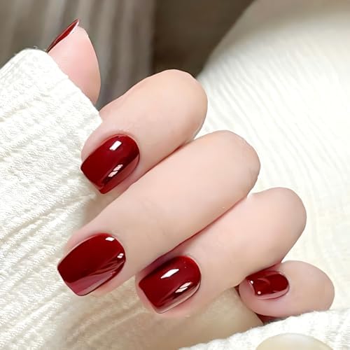 AddFavor Short Press on Nails Square Fake Nails, 24pcs Red Glue on Nails Press ons False Nails with Glue and Adhesive Tabs for Women Manicure