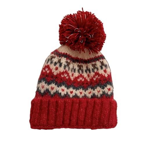 AOMEXAGA Vintage Fair Isle Knit Beanie for Women Colorful Unisex Winter Pom Cap Soft Warm Cute Christmas Clothing Accessory (Red,One Size)