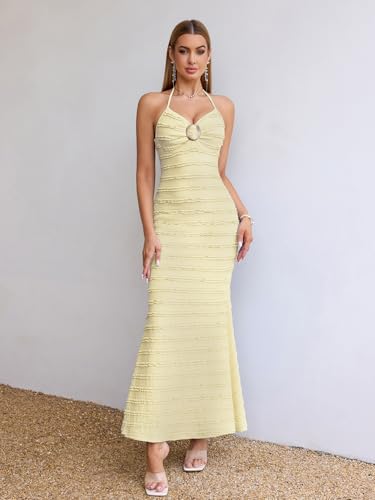 Image of HTZMO Women Wedding Guest Ruffle Bodycon Maxi Dress Halter V Neck Beach Vacation Summer Long Dresses 2026