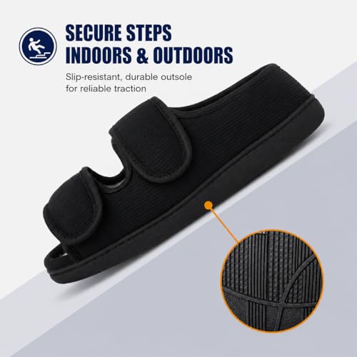 TIESTRA Men's Diabetic Sandals,Adjustable Wide Open Toe House Slippers for Swollen Feet, Breathable Linen Insole,Memory Foam Cushioning,Non Slip Indoor Outdoor Comfort Shoes Black EU44/US11 by TIESTRA - Used condition - Image 7