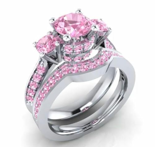 Round Cut Pink Sapphire 3-Stone Wedding Bridal Ring Set 925 Sterling Silver 14K White Gold Finish