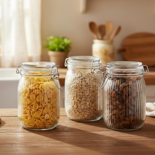 Image of ginoya brothers Airtight Glass jar with lid Storage Containers,Glass Canister, Mason Jars, Small Striped Clip Fastening Jar for Kitchen Canning, Overnight Oats, Pickle, Spice. (3, 1000 ML)