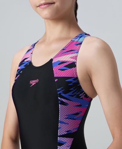 Image of Speedo Girl's Endurance10 Hyperboom Print Splice Racerback V-Cut One Piece Swimsuit | Swimming Costume for Girls | Shape Retention Fabric | UPF 40+ Sun Protection | Chlorine Resistance