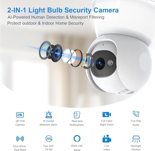 Image of Light Bulb Security Camera, 5G /2.4GHz WiFi Lightbulb Cameras Outdoor for Home Security,Smart AI Human Detection,Color Night Vision, 2-in-1 Bulb Security Camera with LED Light E27 Compatible (2Pack)