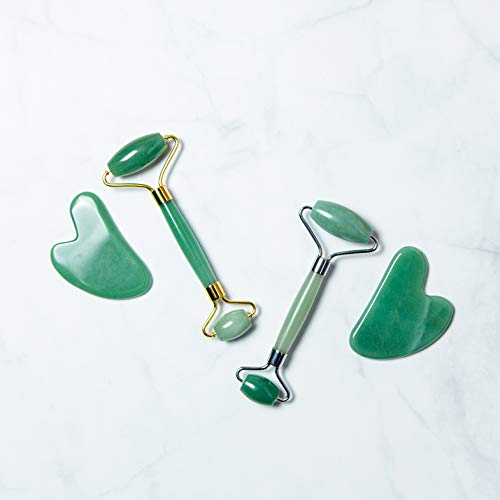 Jade Roller and Gua Sha Set - 100% Natural Jade Stone Face Roller, Dual Sided Massage Roller Stimulates Blood Flow, Relieves Stress, Reduces Signs of Aging, Travel Pouch Included, Gift Box