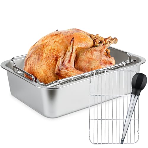 Image of Turkey Roaster Roasting V Rack,15.6*11.6*4 inch Stainless Steel Roasting Pan with 2 Rack(Flat Rack and Rib Rack) for Smoker Smoking/Dual Purpose for Large Big Green Egg and Kamado Joe Etc