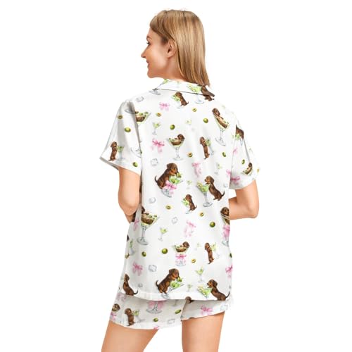 Image of Funny Pajamas for Women Set Print Satin Loungewear Pjs Short Sleeve Button Down Top and Shorts Sets Sleepwear XS-3XL