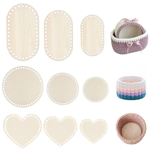 Bootoow - Bootoow Lot de 9 fonds de panier en bois à crocheter - Fond de panier en bois naturel - Pour crochet - Fond de panier rond en bois - Ensemble de fond de panier en bois - Ovale - Rond, en forme de cœur