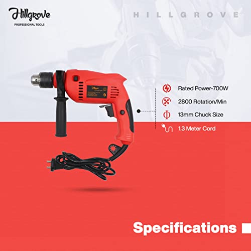 Image of Hillgrove HGPD1M2 All Purpose 700W Drill Machine with 5 Drill Bits for Making Holes in Metal /Wood /Concrete with Reverse Rotaion and Variable Speed Pistol Grip Drill (13 mm Chuck Size)