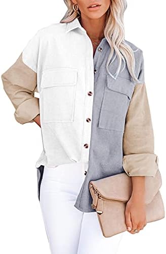 Dokotoo Womens 2023 Fashion Oversized Color Bock Long Sleeve Button Up Pockets Shirts Ladies Loose Fit Corduroy Shacket Tunic Blouse Tops White M